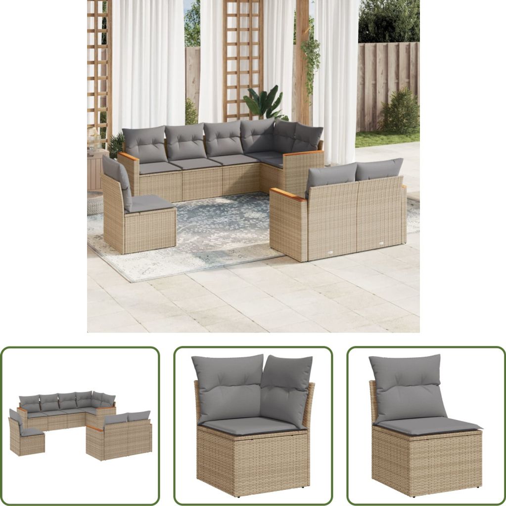 The Living Store 8-tlg. Garten-Sofagarnitur mit Kissen Beige Poly Rattan