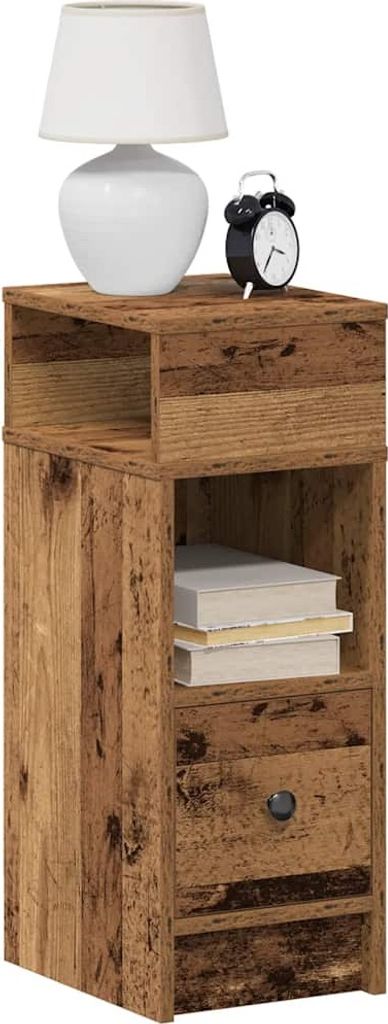 A product shot of a wooden nightstand with a lamp and an alarm clock on top.