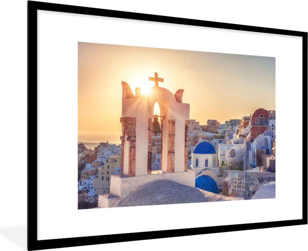 MuchoWow Gerahmtes Poster Sonnenuntergang über der Kirche in Santorini Griechenland 90x60 cm - Poster mit Schwarzem Bilderrahmen Wandposter Rahm...