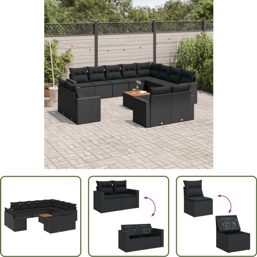 The Living Store 13-tlg. Garten-Sofagarnitur mit Kissen Schwarz Poly Rattan