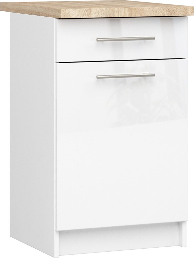 Küchenschrank AKORD LIMA modular S50 Unterschrank mit Arbeitsplatte Weiß 50 cm Tür Schublade 2 Ebenen Front Weiß Hochglanz B50 x H85 x T46 cm