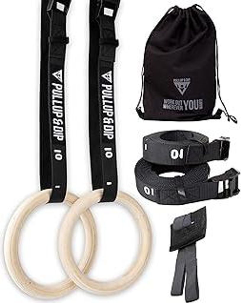 Premium Turnringe Holz, Gym Rings Gymnastikringe, Turnerringe für Calisthenics, Breite Befestigungsgurte mit Markierungen + Tür+ Transportbeutel ...