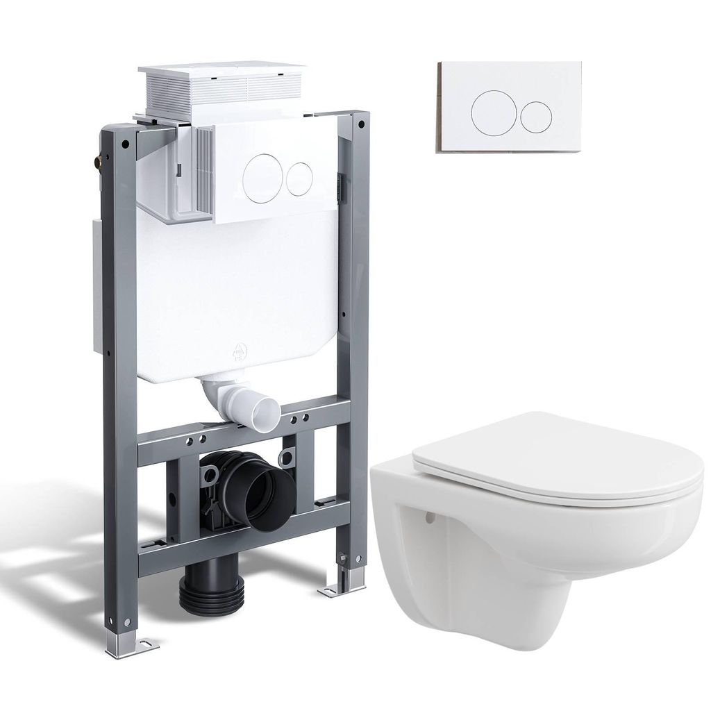 HOROW Komplett Toilette Set 82cm Vorwandelement Unterputzspülkasten + Wand WC + weiß round Drückplatte