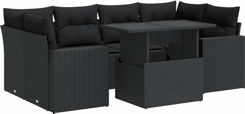 vidaXL 7-tlg. Garten-Sofagarnitur mit Kissen Schwarz Poly Rattan