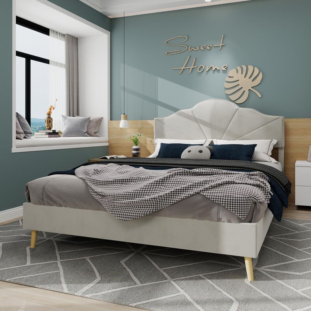 Sweiko Modern minimalist soft bed, comfortable and soft headboard, 140x200CM, beige, multifunctional bedroom furniture, low box bed frame without l...