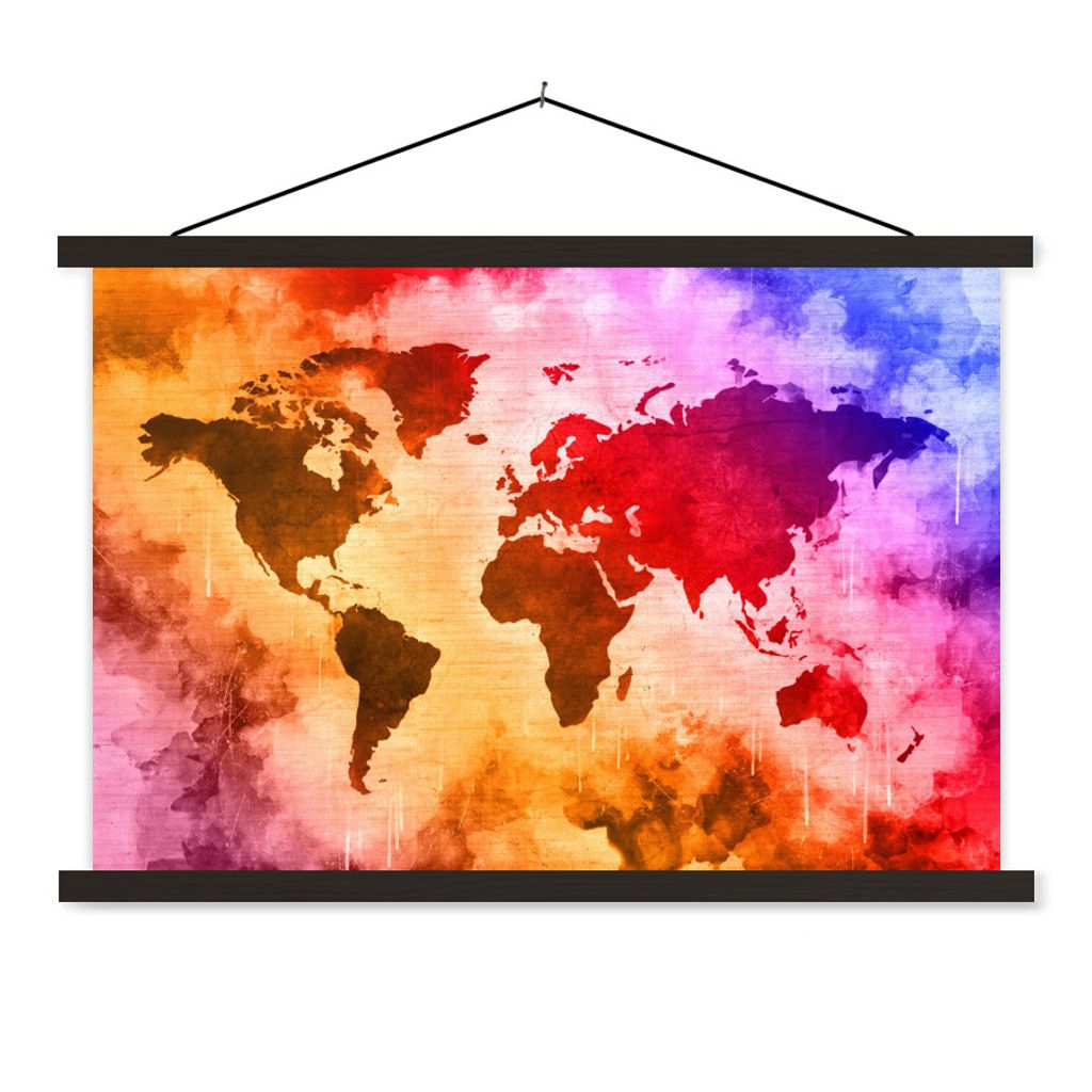 MuchoWow Textilposter Weltkarte - Farbe - Abstrakt 120x80 cm mit schwarzem Rahmen - Wanddeko
