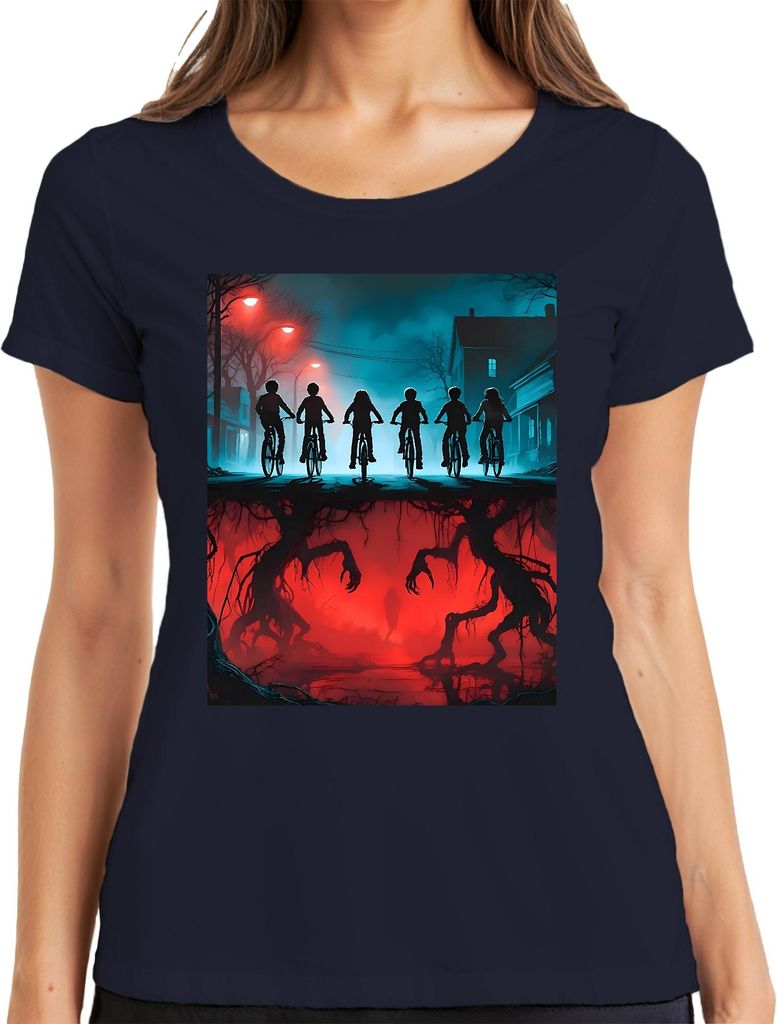 Upside Down Kinder Fahrräder Horror 80er Retro Mystery Hawkins Damen T-Shirt, Navy, XL