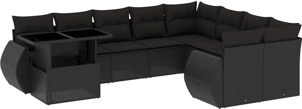 vidaXL 10-tlg. Garten-Sofagarnitur mit Kissen Schwarz Poly Rattan