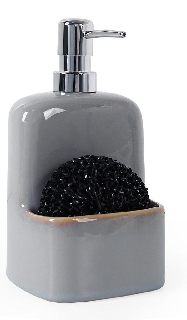 Grauer Seifenspender, 600 ml Keramik-Spülmittelspender mit Schwammhalter für die Küche, nachfüllbarer Seifenspender, großer Spender für flüs...