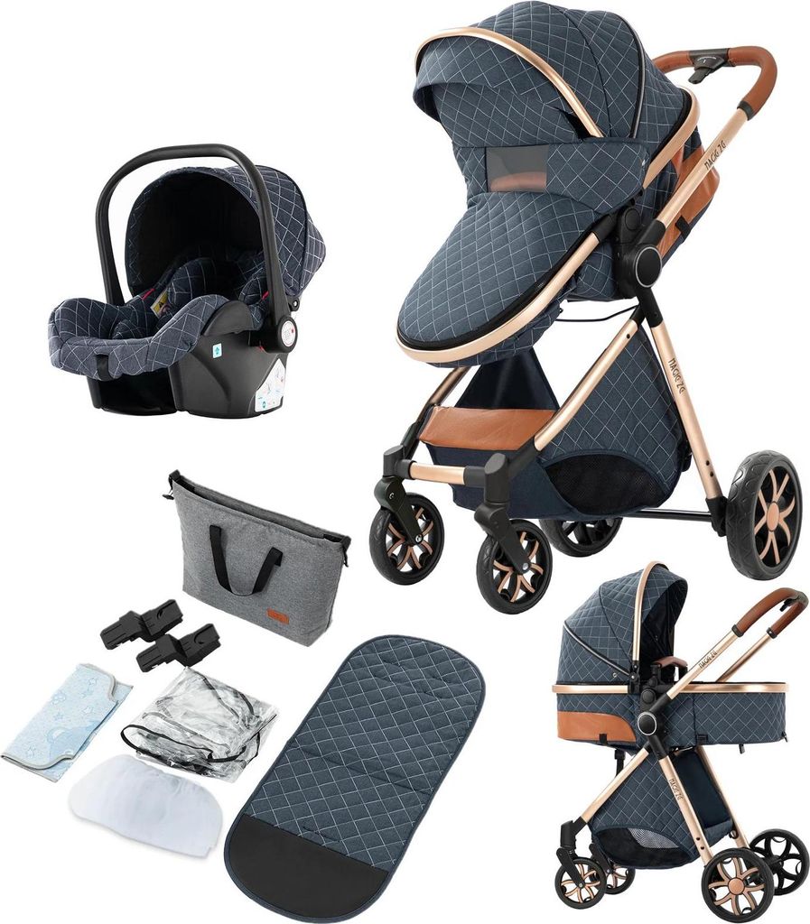 Luxus Kombi-Kinderwagen 4-in-1 - Buggy Reisesystem - 170° Liegeposition - Breite Liegewanne - Autositz - Einhand Faltmechanismus - Blau