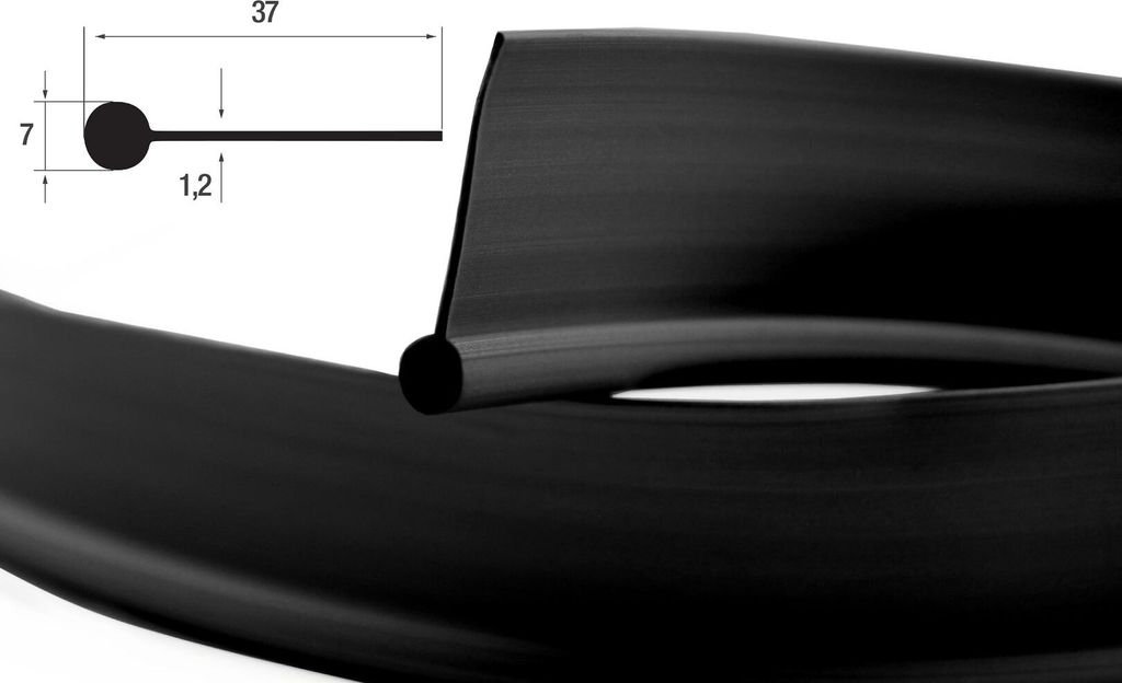 A close-up view of a black rubber profile with a diagram showing its dimensions.