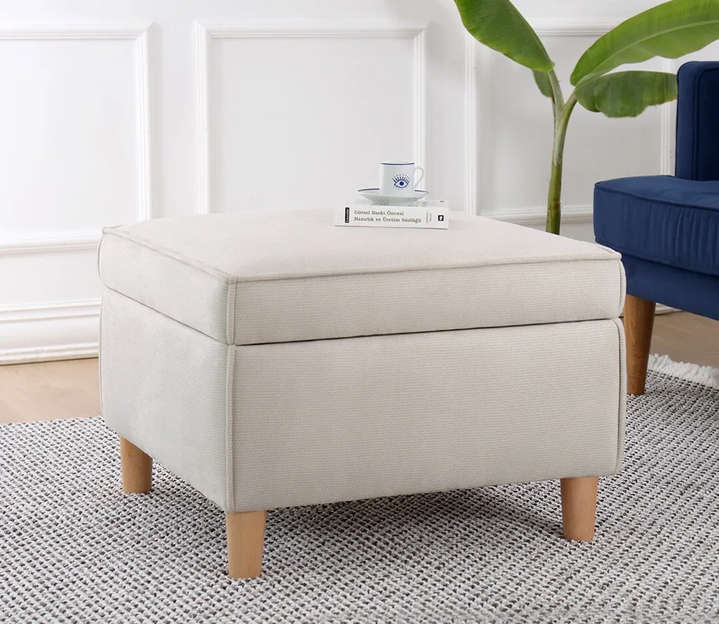 Hanah Home Roscen Pouf en Crème 100% Coton - Grand Format 63x63x43 cm