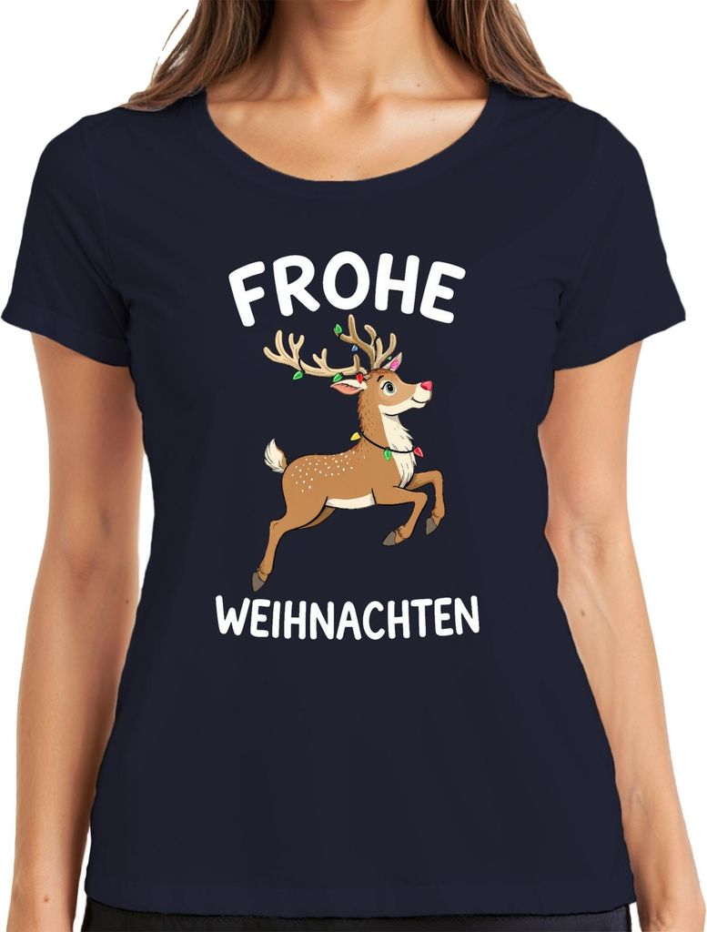 FROHE WEIHNACHTEN Rentier Lichterkette Niedlich Kinder Geschenk Damen T-Shirt, Navy, XL