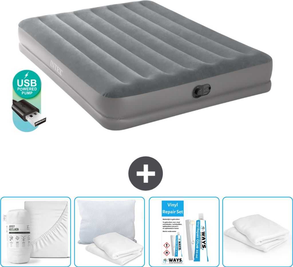Intex Luftbett - 2 Personen - 152 x 203 x 30 cm - Grau - Inklusive Pumpe - Spannbettuch - Küssen - Reperaturset en Kissenschutz