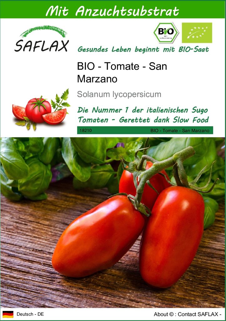 SAFLAX - BIO - Tomate - San Marzano - 15 Samen - Mit keimfreiem Anzuchtsubstrat - Solanum lycopersicum