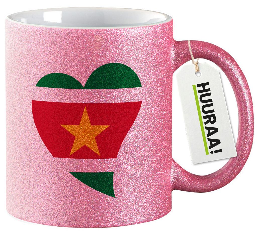 Huuraa Glitzertasse Surinam Flagge Herz 330ml Pink Keramik Kaffeebecher Geschenkidee