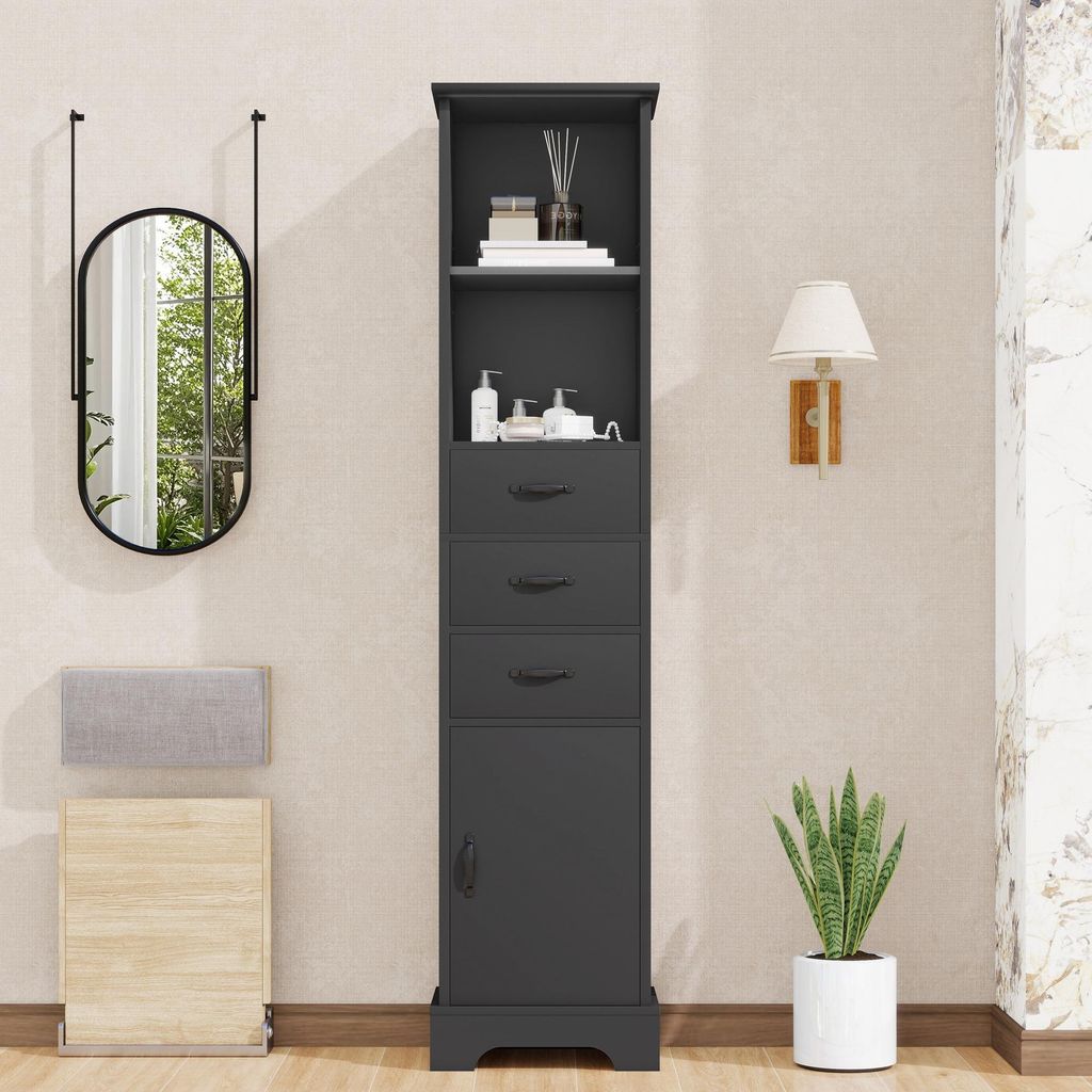 Flieks Badezimmerschrank mit Schubladen, doppelte offene Regalböden, vollständig lackiert, Feuchtigkeitsbeständigkeit, Schrank 38x26x172.5cm, Sc...