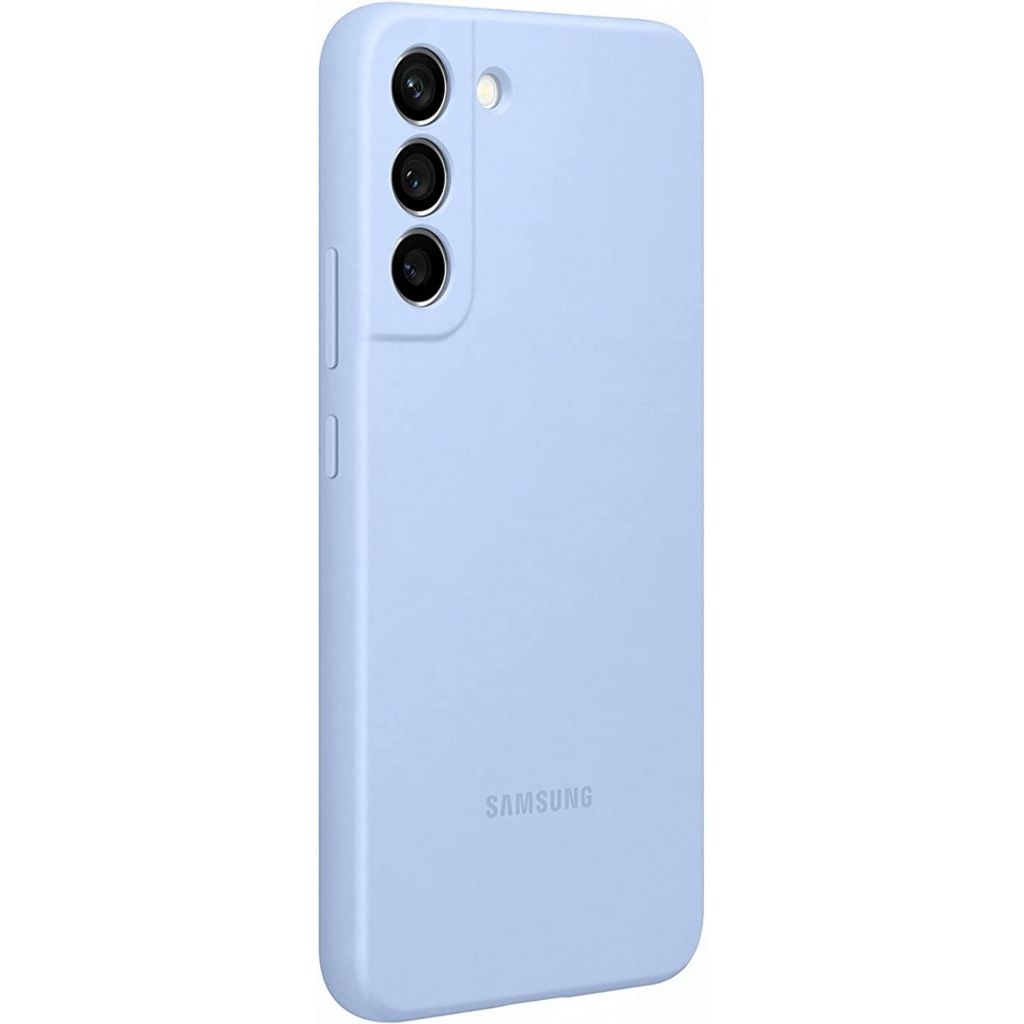 A light blue Samsung phone case is shown from a side angle against a white background.