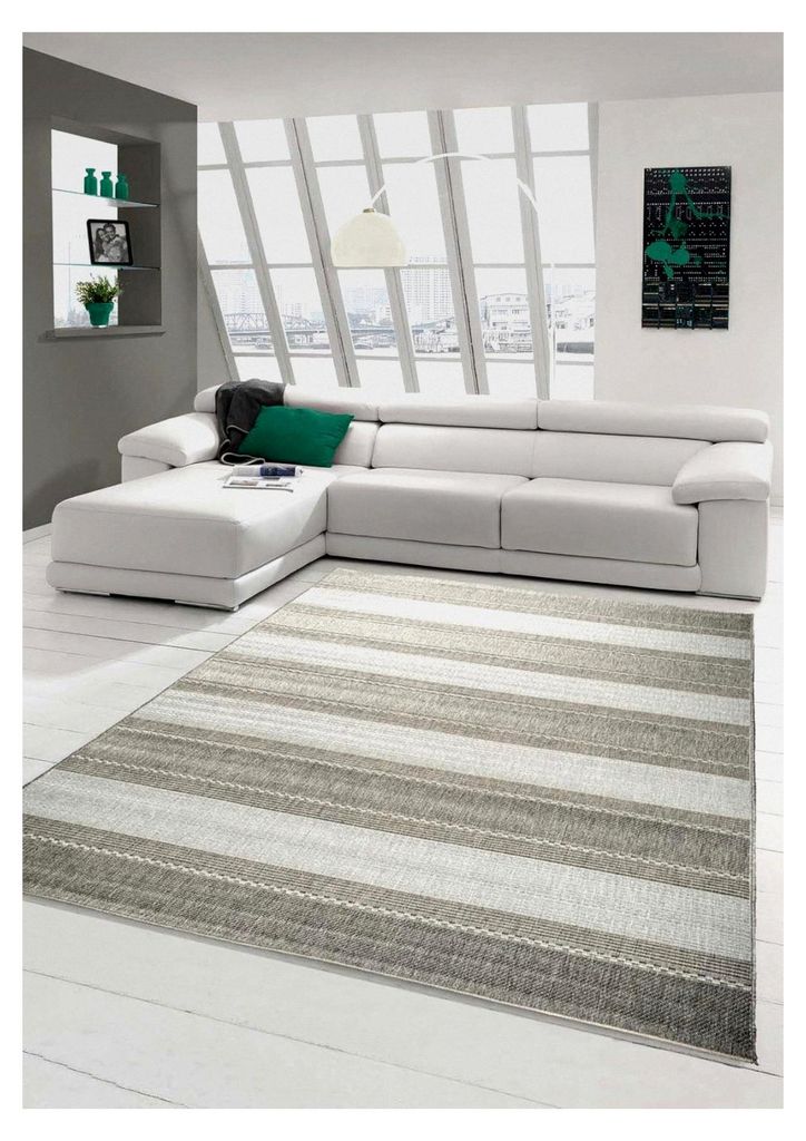 Teppich in Sisal-Optik, moderner Läufer aus Flachgewebe, gestreift in grau-beige, Größe 80x150 cm