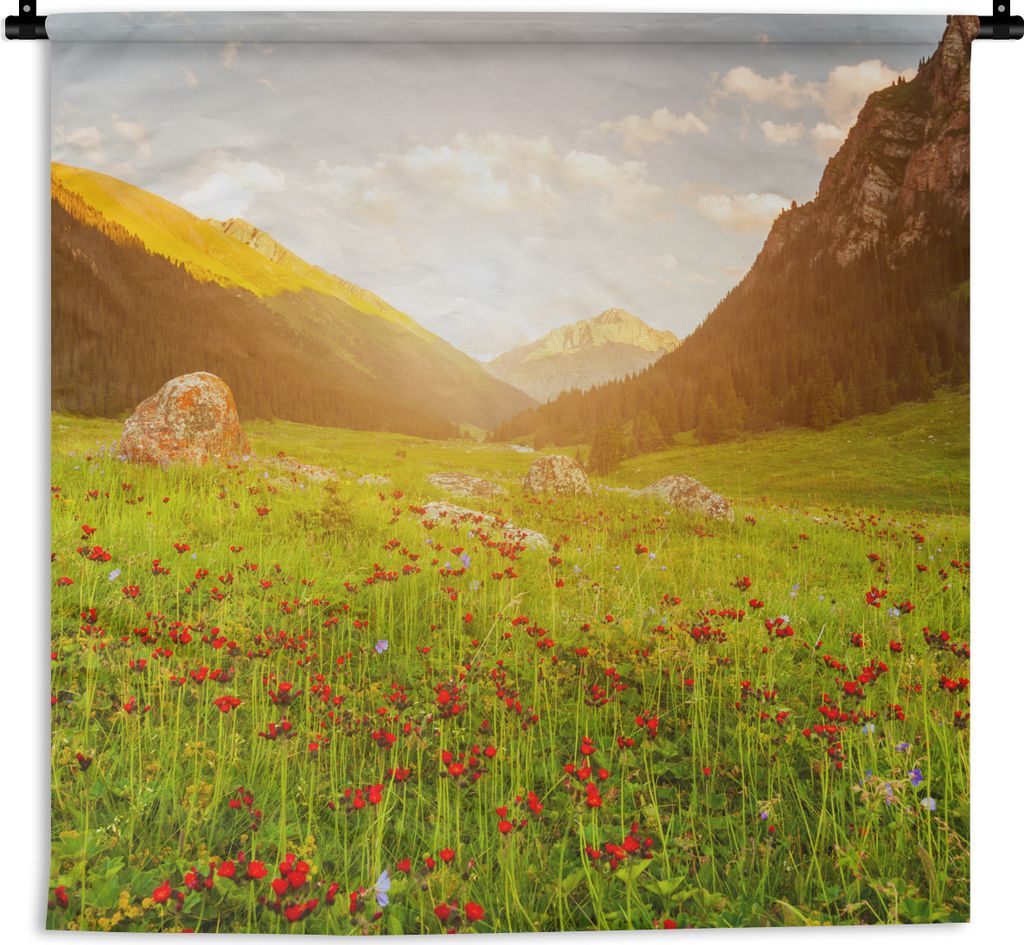 MuchoWow Wandteppich Wandbehang Blumen - Berg - Sonne 120x120 cm Tapisserie Dekoration Wandtuch - Modern - Baumwollgewebe