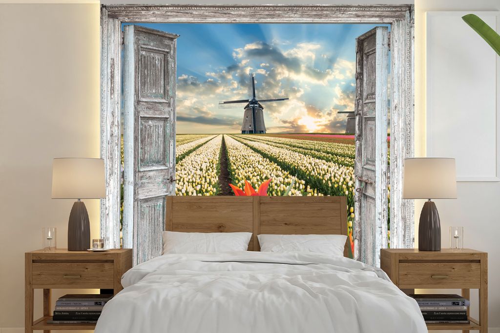 MuchoWow Fototapete für Wohnzimmer oder Schlafzimmer Wandtapete Vinyl Motivtapete Blumen - Mühle - Frühling - Ausblick - 300x300 cm - Wanddeko...
