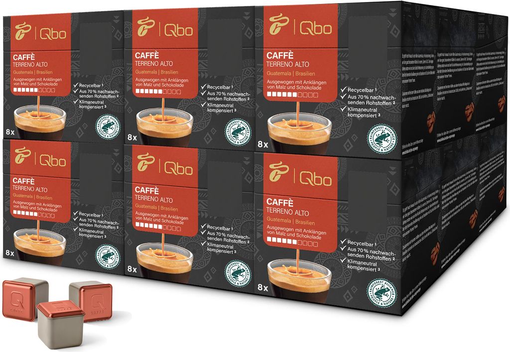 Tchibo Qbo Caffè Terreno Alto Premium Kaffeekapseln, 144 Stück - 18x8 Kapseln (Caffè, Intensität 6/10, ausgewogen und malzig), nachhaltig, aus ...