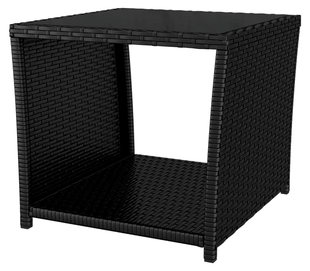 Beistelltisch mit Glasplatte, wasserfester Sofatisch für Terrasse und Garten, Kaffeetisch aus Poly Rattan und Akazienholz, Schwarz