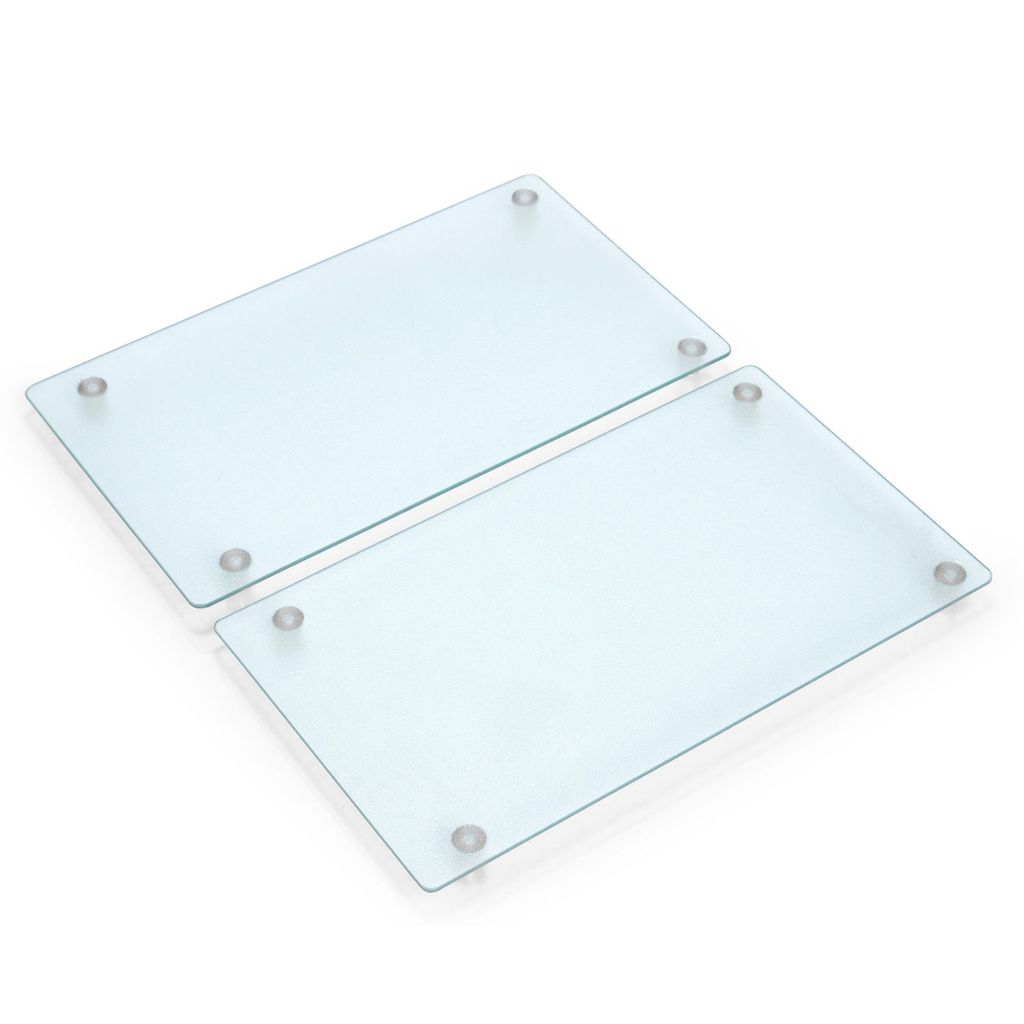 Two clear glass cutting boards with gray feet, displayed on a white background.