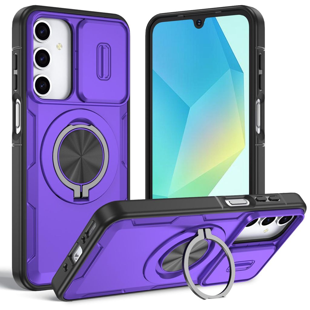 Magnetische Hülle für Samsung Galaxy A15 5G/4G, Militär Stoßfest Handyhülle mit Kameraschutz und Ringhalter Ständer Lila