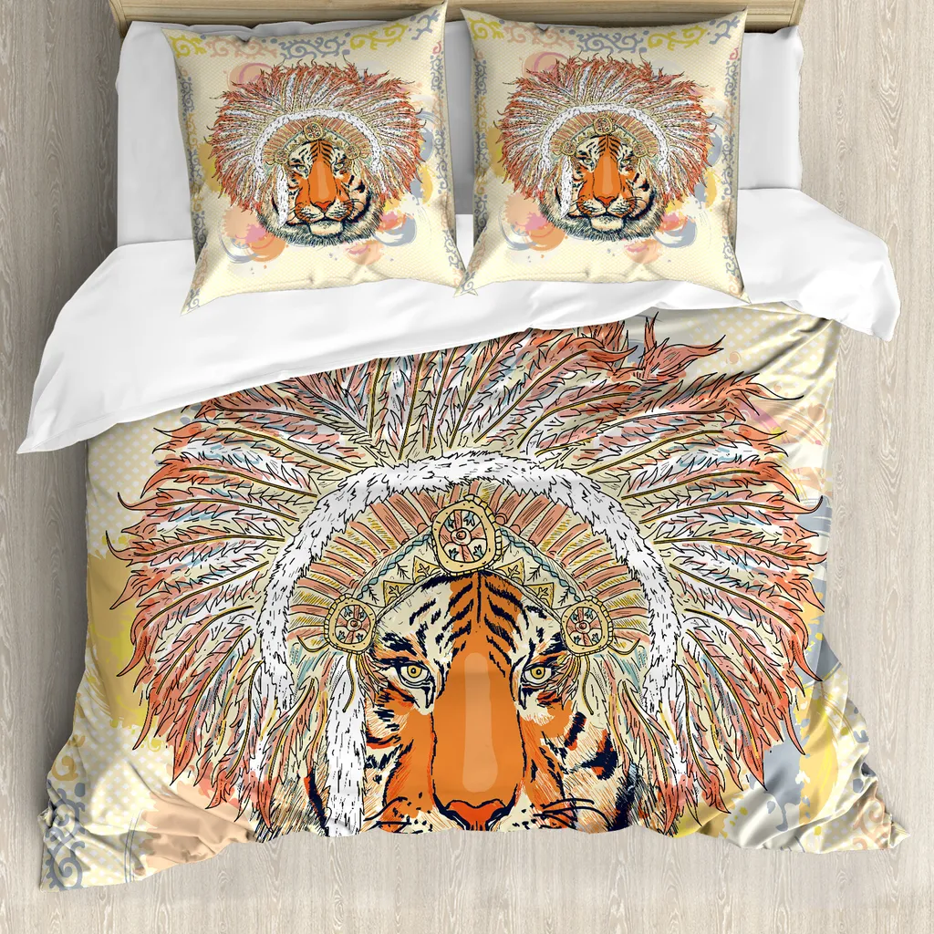 ABAKUHAUS Copripiumino Stammes, Safari Wild Tiger, antiacaro, adatto a chi soffre di allergie, con federe, 155 cm x 220 cm - 80 x 80 cm, arancione pesca