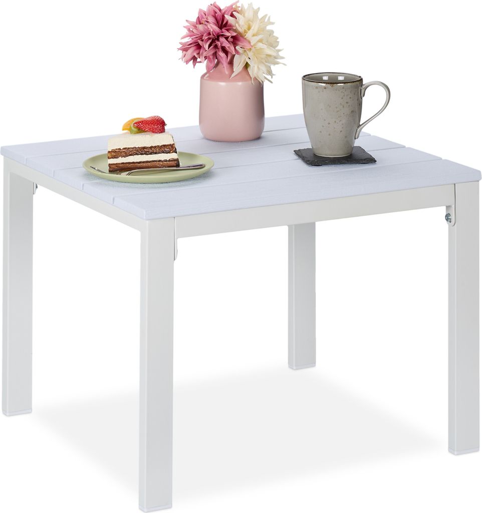 Relaxdays Beistelltisch Balkon, wetterfest, auch für Terrasse und Garten, HBT: 39 x 52 x 48 cm, Outdoortisch klein, weiß