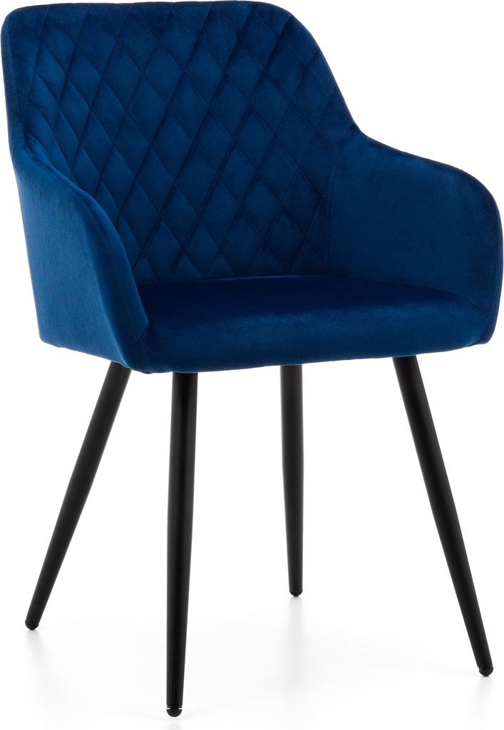 A blue velvet dining chair with black legs is shown against a white background.