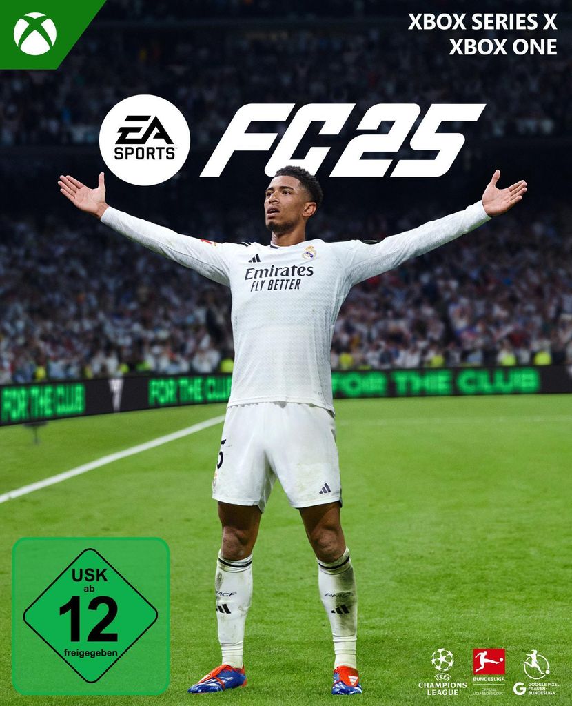 A soccer player in a white jersey with arms outstretched on a soccer field, with game title and logos.