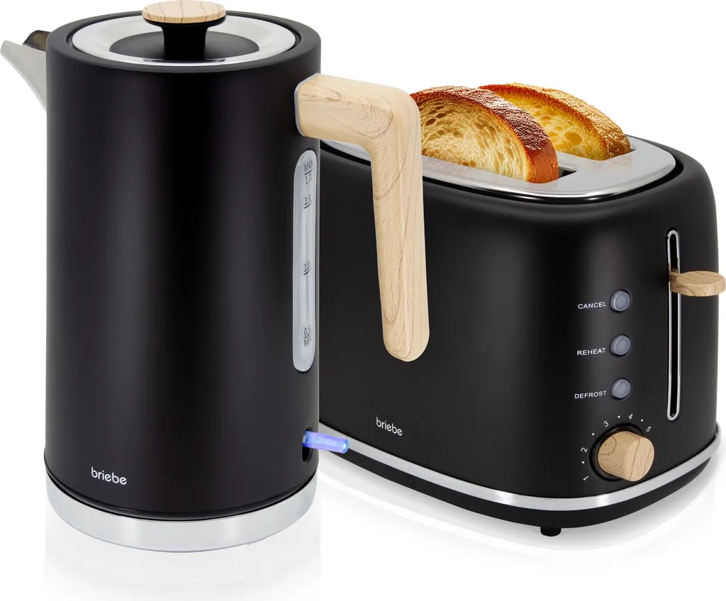 Briebe SKT1167BLK Set nordico Tostapane 2 fette a fessura larga + bollitore 1,7L elettrico nero
