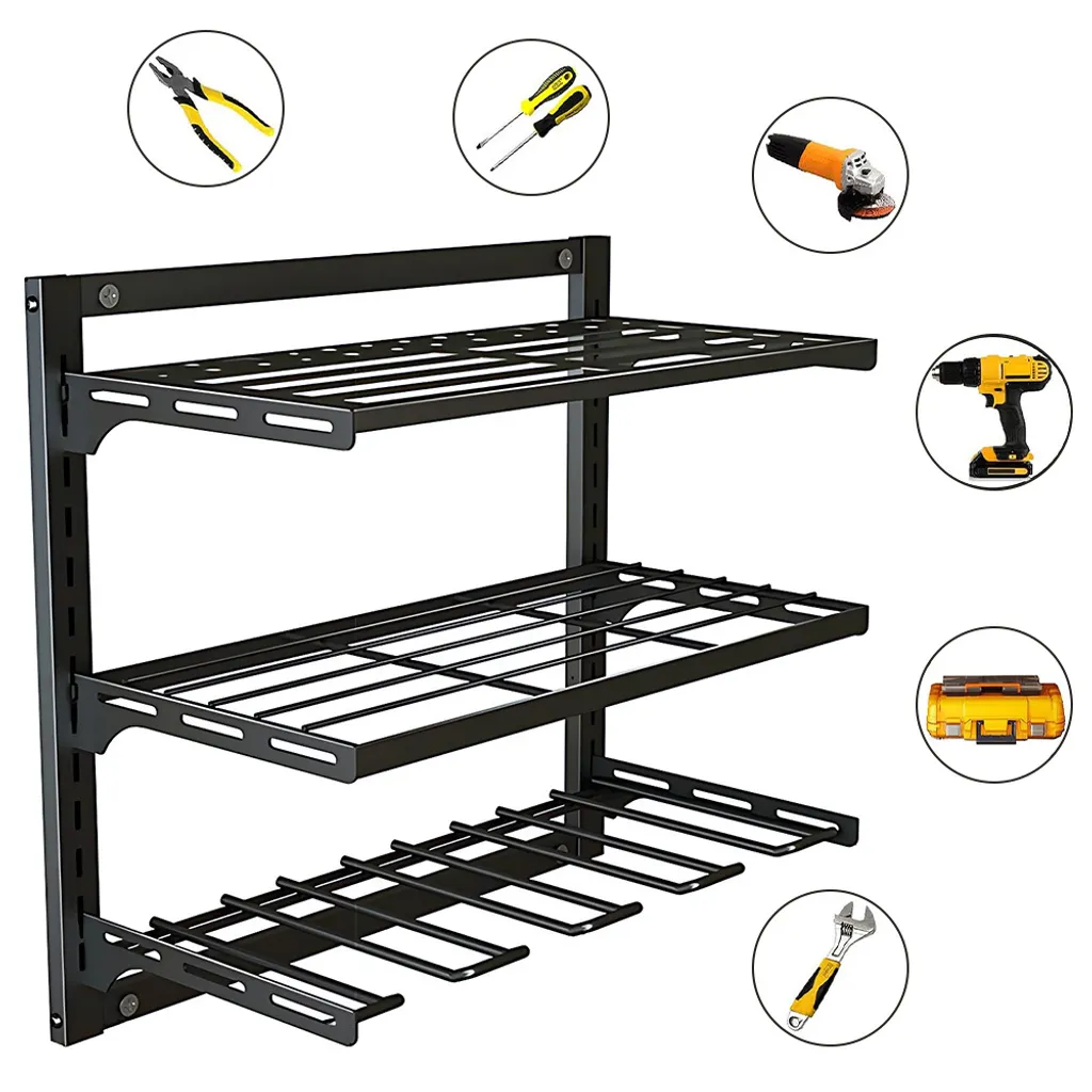 Support mural pour perceuse avec étagère de charge batterie 42cm Noir