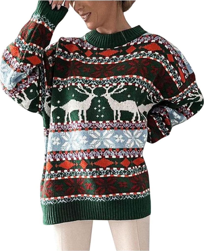 ASKSA Damen Colorblock Rundhals Pullover Weihnachtspullover Langarm Strickpullover Warme Christmas Sweater Elegant Oversize Weihnachtspulli,Gruen,L