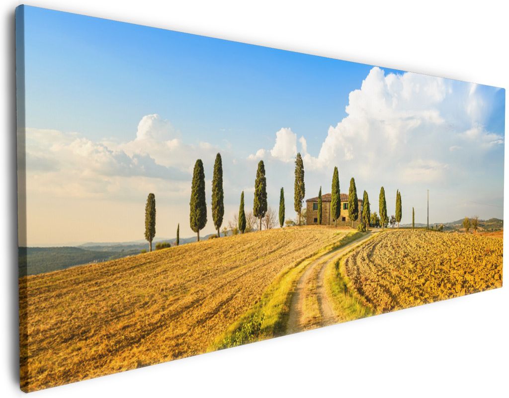 Wallario Premium Leinwandbild Italien - Toskana unter blauem Himmel einsame Farm in Größe 80 x 200 cm