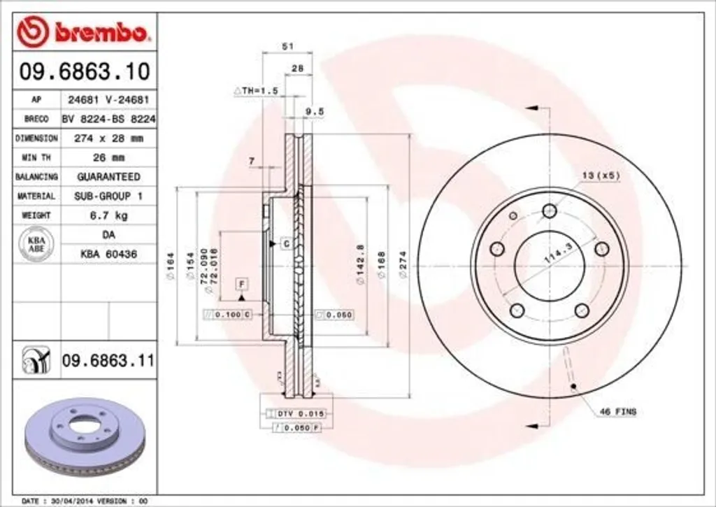 Disque de frein Brembo 09.6863.11 pour Mazda MPV II LW et Xedos 9 TA