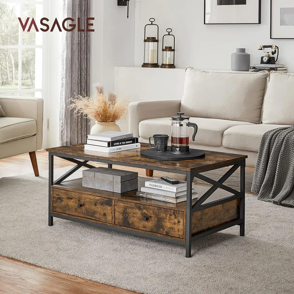 Table Basse avec Tréteaux en X et Double Tiroir de Rangement 100cm - 7