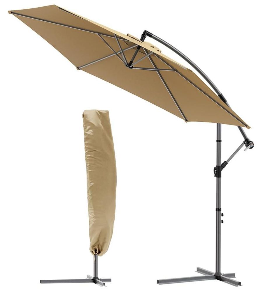 Freiarm-Sonnenschirm 300 cm, Sonnenschutz mit Ständer, Kurbel, Windschutz und Schutzhülle, 360° drehbar und neigbar, robuster Gartenschirm für ...