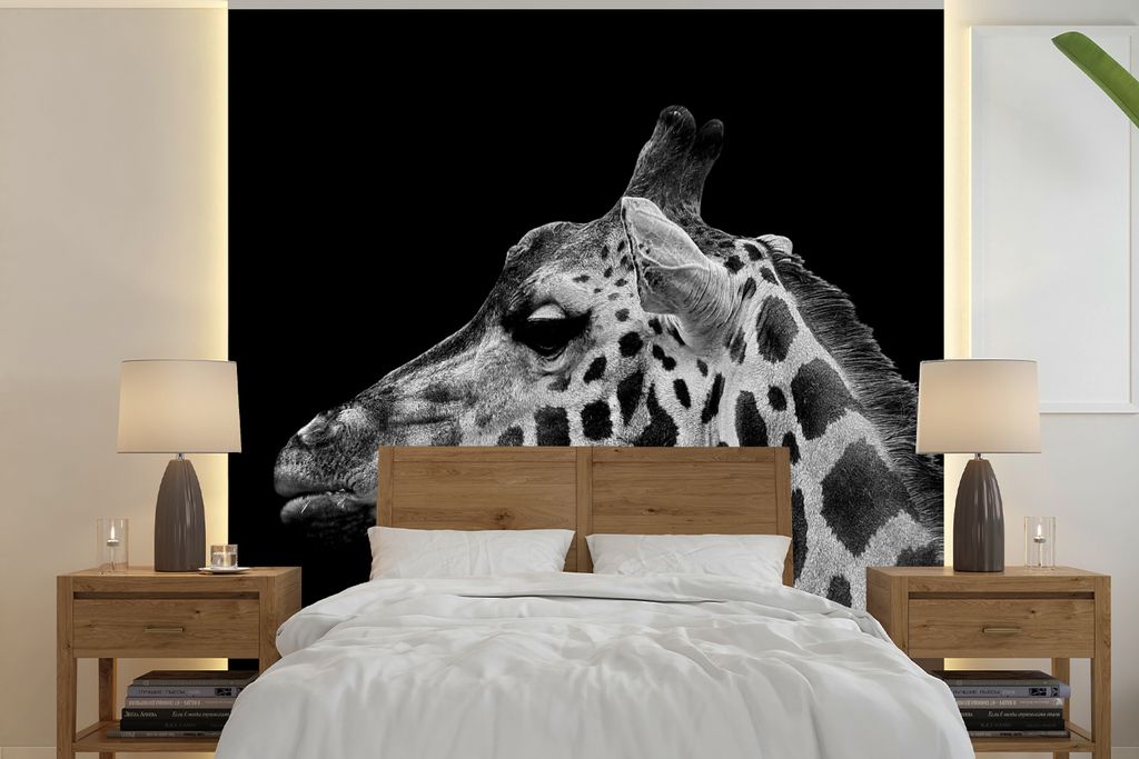 MuchoWow Fototapete für Wohnzimmer oder Schlafzimmer Wandtapete Vinyl Motivtapete Tiere - Giraffe - Schwarz - Weiß - 300x300 cm - Wanddekoration