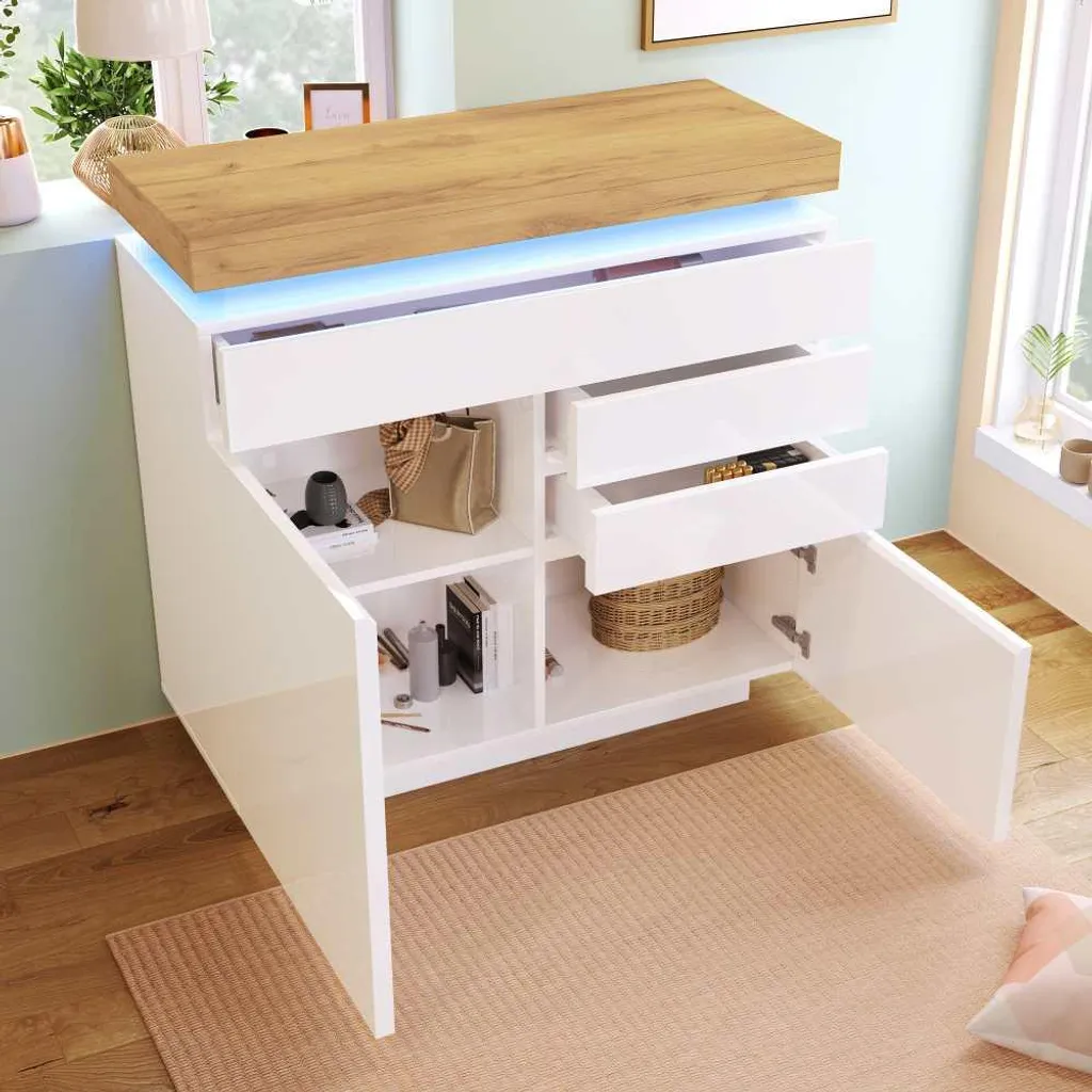 Sideboard design blanc laqué avec LED connectées - Meuble de rangement chic - 3