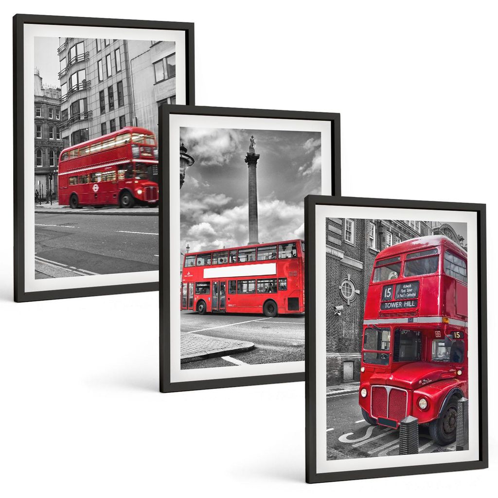 Bilder Set 3-teilig im schwarzen Rahmen – Wandbilder 3 Stück – gerahmte Poster für Wohnzimmer, Schlafzimmer und Flur – 40x60 cm – Rote Bu...