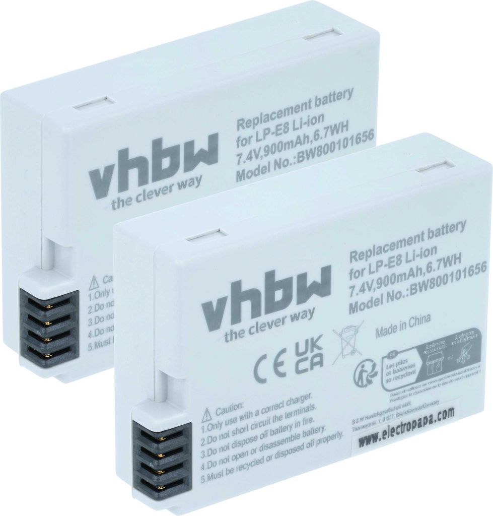 vhbw 2x Akku kompatibel mit Canon EOS 600D, Kiss X6i, 650D, Rebel T2i, 700D, Kiss X5, 550D, Kiss X4, Kiss X7i Kamera (900 mAh, 7,2 V, Li-Ion)