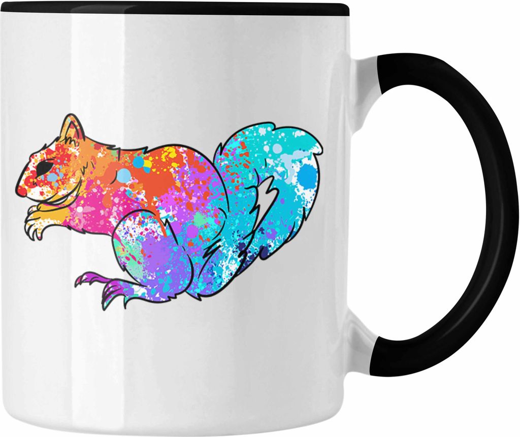 Trendation - Bunte Eichhörnchen Tasse Geschenk für Natur- und Tierliebhaber (Schwarz)