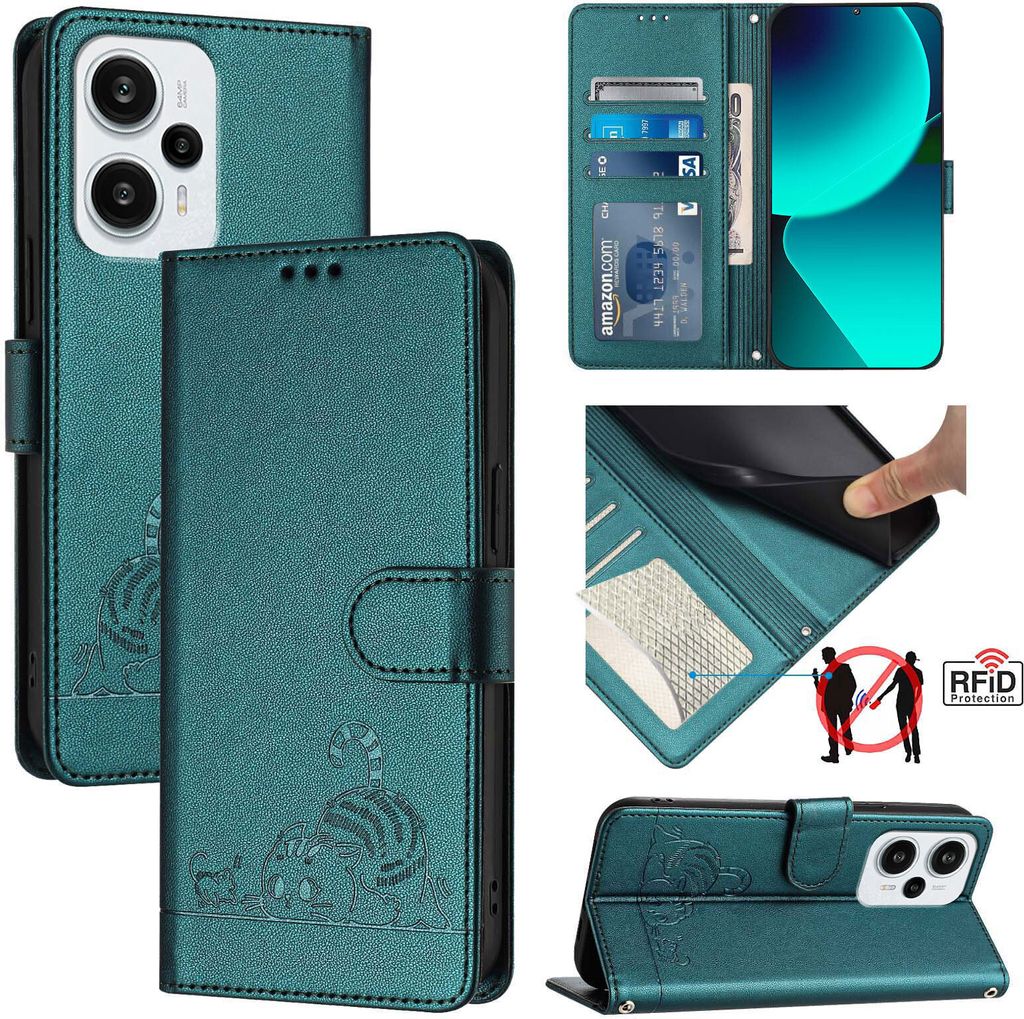 Leder Hülle für Xiaomi Poco F5/Redmi Note 12 Turbo Süße Katze Flip Case Brieftasche Schutzhülle mit Standfunktion Grün