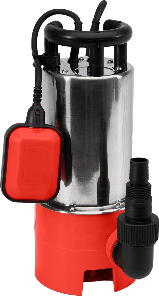 A submersible pump with a float switch and a hose adapter, shown against a white background.
