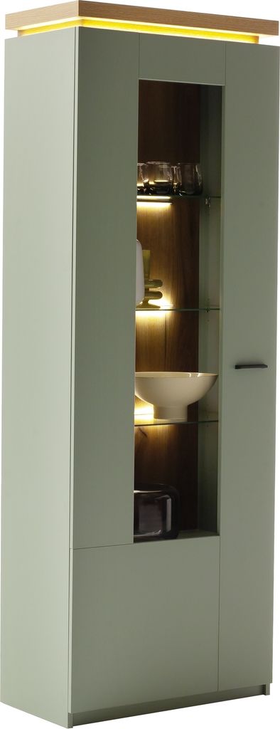 Vitrine >MONIZ< 1 Tür, LED, in Salbei grün / Eichenfarben Nachbildung - 70x197x38 (BxHxT)