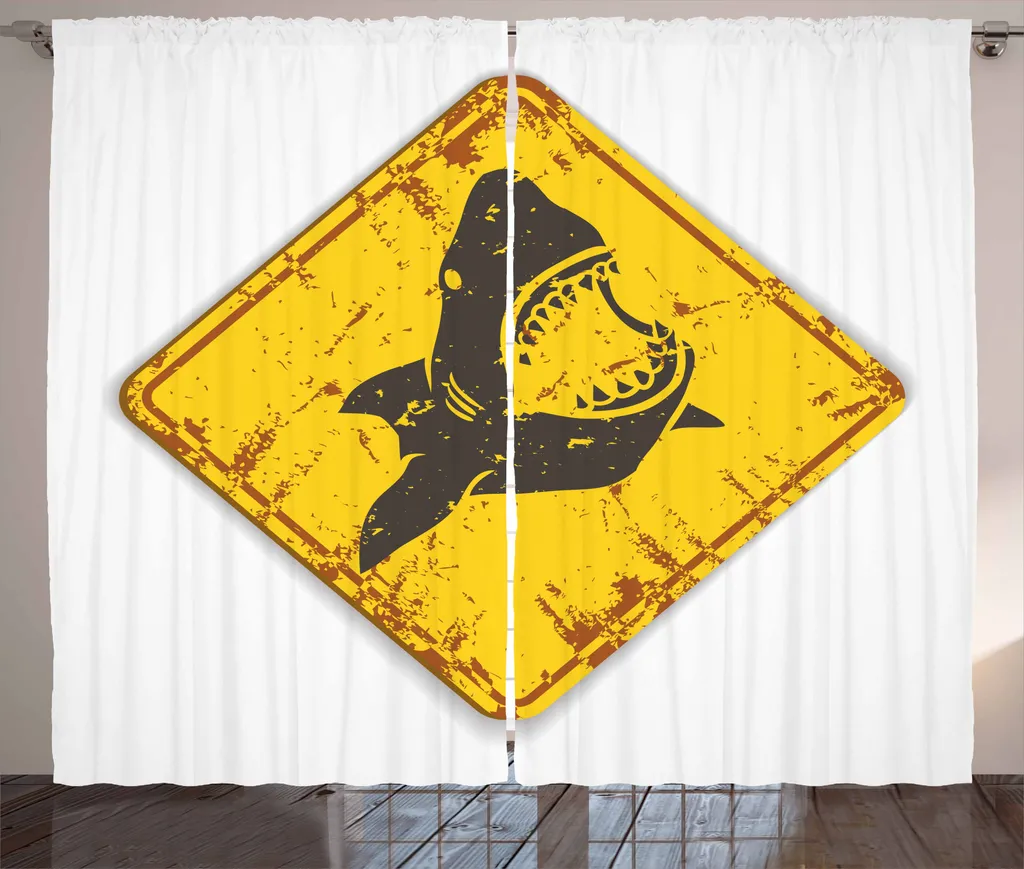 Rideau rustique motif Sharp Teeth jaune et gris grand format 280x225