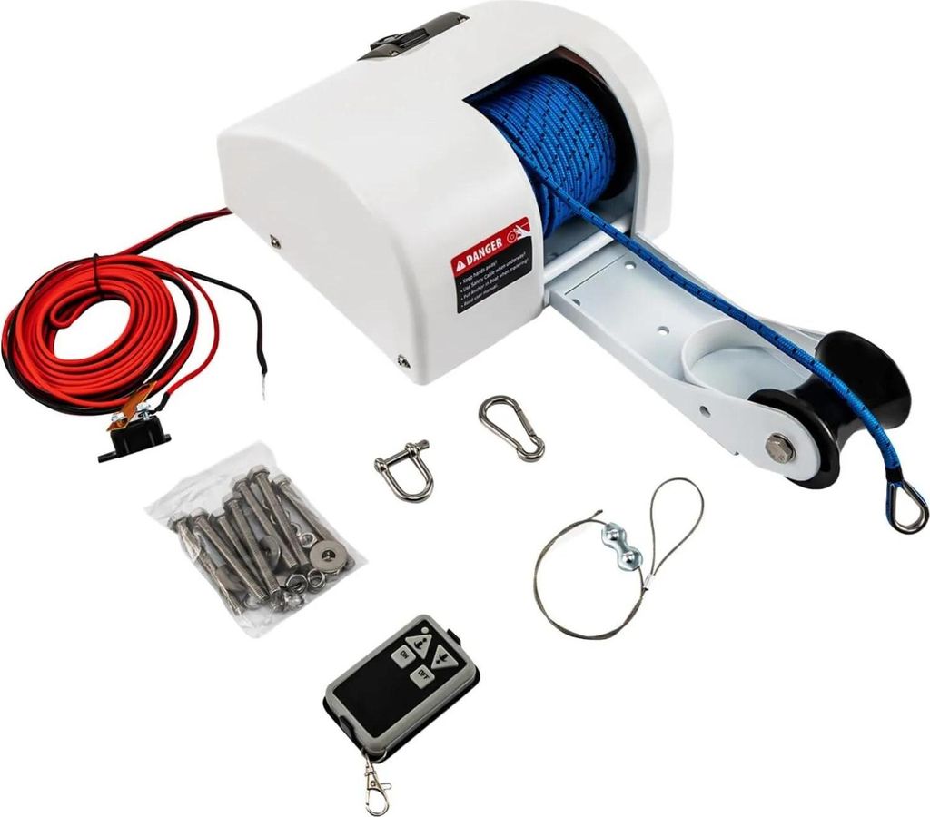 Ankerwinde für Boote - 12 V elektrisch - 20 kg Zugkraft - Kabellose Fernbedienung - 30 m Ankerleine - Salzwasserbeständig - Weiß